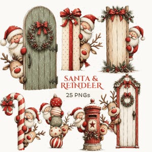 Julklapp med kikande renar: Nyckfull vintergrafik, vintage-clip art (digital nedladdning - 25 PNG-bilder)