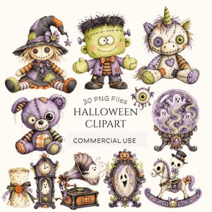 May include: A collection of Halloween-themed digital illustrations featuring a patchwork doll, a green monster, a stitched unicorn, a purple bear, a crystal ball with ghosts, a clock, a gramophone, a mirror, and a skeleton on a rocking horse.
