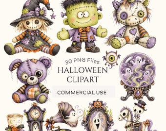 Whimsical Halloween Clipart Bundle: Gothic Spooky PNGs, Monster, Witch, Ghost, Unicorn, Crystal Ball (Digital Download - 30 PNGs)