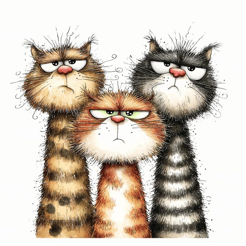 Imágenes prediseñadas de gatos peculiares: lindas ilustraciones de gatos de dibujos animados, imágenes prediseñadas divertidas de gatos para manualidades y pegatinas (descarga digital - 30 PNG) imagen 17