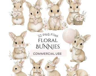 Watercolor Floral Bunny Clipart: Baby Nursery Graphics, Card Making Bundle (Digital Download - 22 PNG)