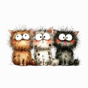 Puede incluir: Una ilustraci&oacute;n digital de tres gatos esponjosos sentados uno al lado del otro. El gato de la izquierda es naranja, el del medio es blanco con manchas negras y el de la derecha es negro con la lengua rosa afuera. Todos tienen ojos grandes.