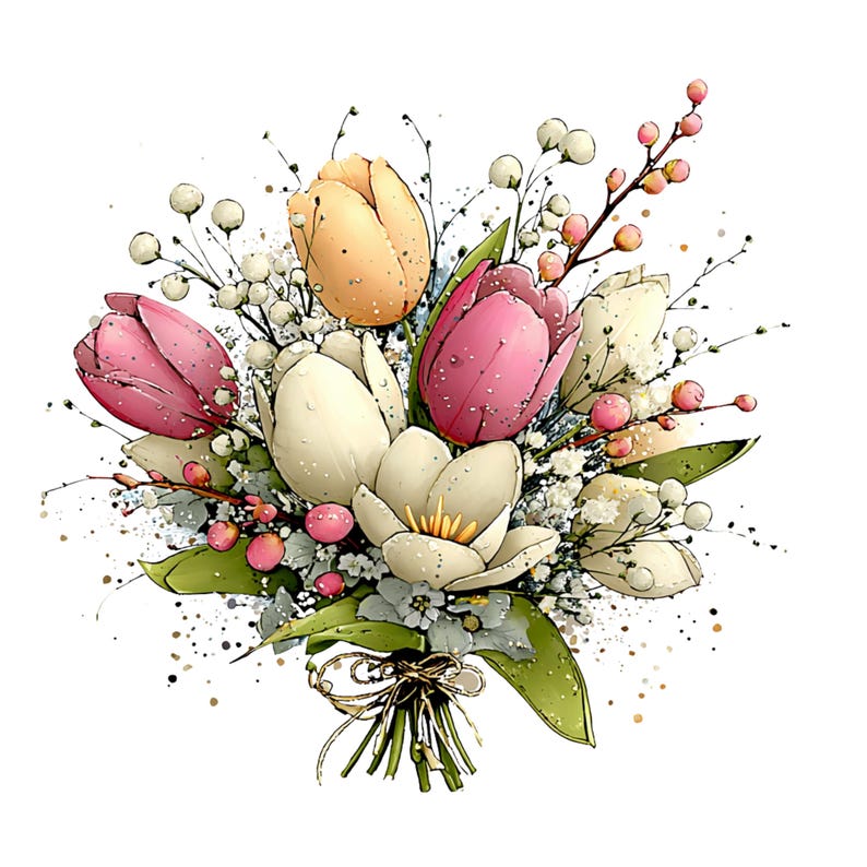 Puede incluir: Ilustraci&oacute;n en acuarela de un ramo de flores. El ramo presenta tulipanes en tonos rosa, amarillo y blanco, acentuados con peque&ntilde;as flores blancas y hojas verdes. Los tallos est&aacute;n atados con una cinta dorada sobre un fondo blanco.