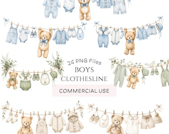 Baby Boy Clothesline Clipart: Watercolor Blue Green Beige Graphics (Digital Download - 24 PNGs)