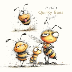 Op de afbeelding: Grillige digitale clipart met vier cartoonbijen met expressieve gezichten. Eén bij springt met zijn tong uit, terwijl anderen een zelfvoldane of chagrijnige uitdrukking hebben. De tekst "Quirky Bees clipart" staat bovenaan.