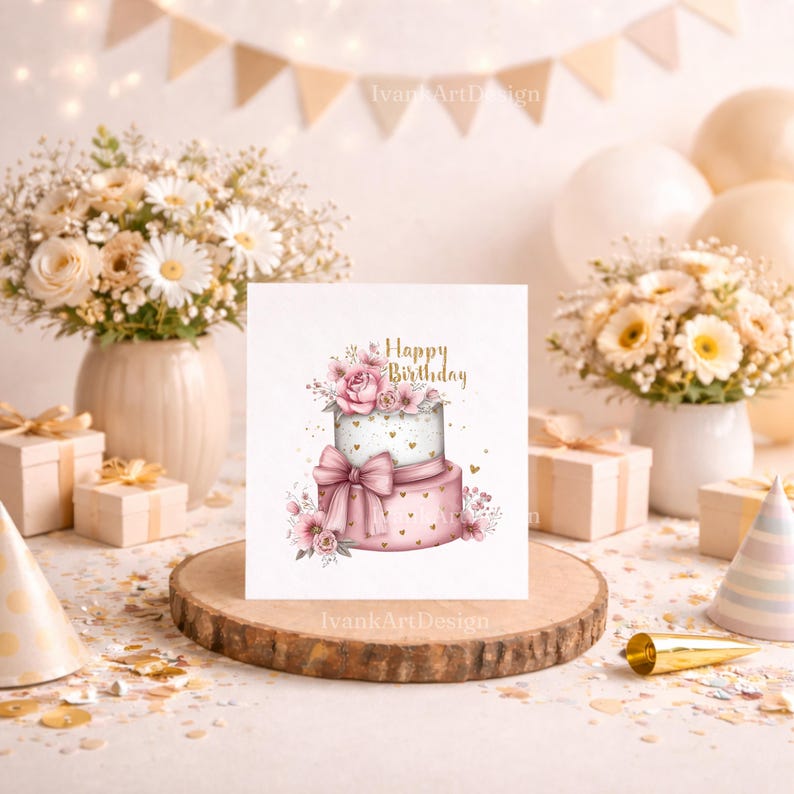 May include: A birthday greeting card featuring a two-tiered cake design with pink roses, a bow, and gold accents. The card has the words "Happy Birthday" in gold script. The card is on a wooden slice, surrounded by gifts and flowers.