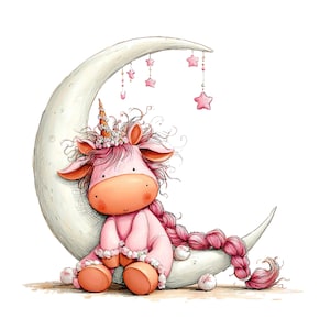 May include: A charming illustration of a pink unicorn with a golden horn, sitting on a crescent moon. The unicorn has a long, braided mane and a floral crown. Pink stars hang from the moon, creating a fairytale aesthetic.