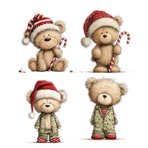 Christmas Bears Clipart: Festive Holiday Graphics (Digital Download - 30 PNGs)

Bring holiday cheer to your projects with this adorable 30 Christmas Bears Clipart collection! Each bear is illustrated in a whimsical festive style, featuring cozy pajamas, Santa hats, scarves, gift boxes, candy canes, ornaments, and more. Perfect for Christmas cards, invitations, gift tags, stickers, mugs, t-shirts, scrapbooking, and digital designs.
