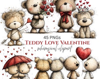 Peut inclure: Ensemble d'images clipart de nounours fantaisistes. Les ours sont dans diverses poses, certains tenant des roses, un cœur ou un parapluie. Le texte "TEDDY LOVE VALENTINE whimsical clipart" est affiché.