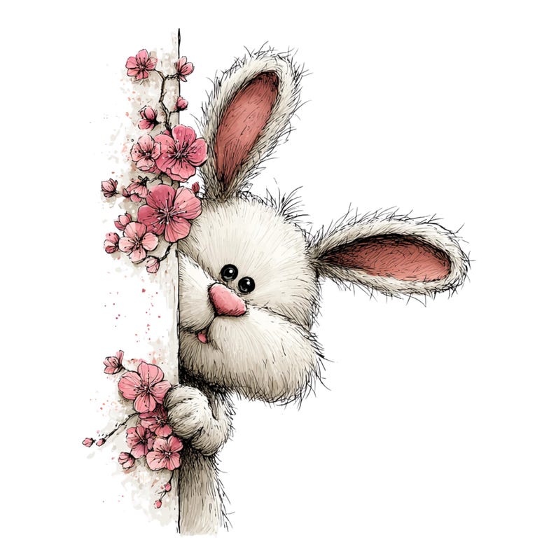 May include: A whimsical illustration of a fluffy white bunny peeking from behind a vertical surface. The bunny has pink inner ears and nose, with a small pink tongue sticking out. Pink cherry blossoms adorn the surface, adding a touch of spring.
