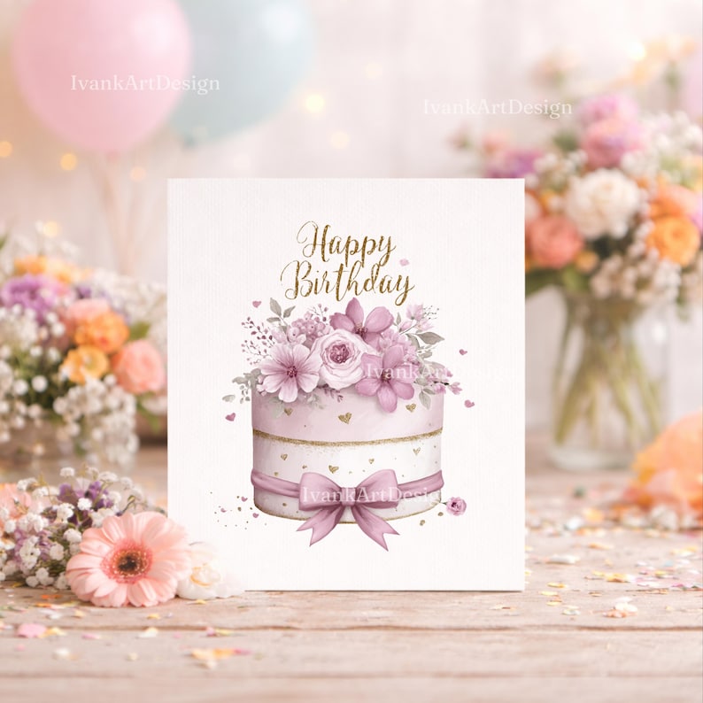 May include: A watercolor birthday card featuring a two-tiered cake design. The cake is light pink and white, adorned with gold accents, a pink ribbon, and a floral arrangement. The words "Happy Birthday" are written in gold script.