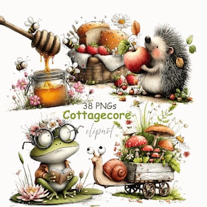 Puede incluir: Ilustración digital con elementos de cottagecore. Incluye un tarro de miel con abejas, una cesta de pan y fresas, un erizo con una manzana, una rana leyendo y un caracol con un carro de setas. El texto "38 PNGs Cottagecore clipart" también está presente.