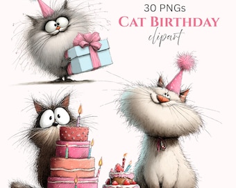 Cat Birthday Quirky Animal Clipart: Cartoon Graphics (Digital Download - 30 PNGs)