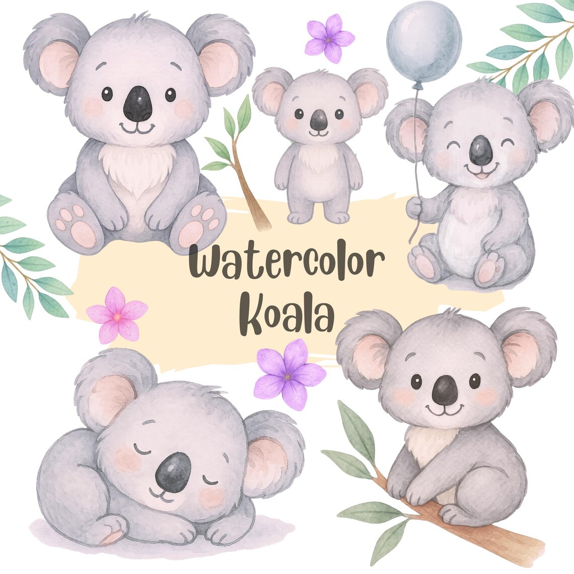 Cute Koala Clipart, Watercolor Baby Koala Animal Nursery Decor PNG ...