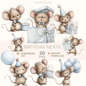Può includere: Illustrazioni ad acquerello di adorabili topi che festeggiano un compleanno. I topi sono raffigurati con cappelli da festa, che tengono regali, palloncini e una torta. Il testo "BIRTHAY MOUSE" è visualizzato, insieme ai dettagli sull'uso commerciale e il download immediato.