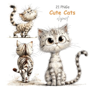 Peut inclure: Trois illustrations de chats de dessin animé dans un style aquarelle. Les chats ont de grands yeux et des poses expressives. Le texte "21 PNGs Cute Cats clipart" est affiché en haut de l'image.