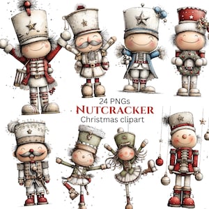 以下が含まれることがあります： さまざまなポーズと衣装の、気まぐれなくるみ割り人形のクリスマス用クリップアートのコレクション。イラストには、赤、白、青、緑などのさまざまな色があり、星やオーナメントなどの詳細があります。「NUTCRACKER Christmas clipart」というテキストも含まれています。