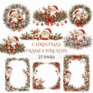 Pode incluir: Uma coleção de gráficos digitais de Natal com ilustrações do Pai Natal e renas integradas em coroas, molduras retangulares e bordas decorativas com ramos de pinheiro, laços vermelhos e ornamentos. O texto diz CHRISTMAS FRAMES-WREATHS 27 PNGs.