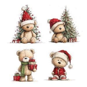 Christmas Bears Clipart: Festive Holiday Graphics (Digital Download - 30 PNGs)

Bring holiday cheer to your projects with this adorable 30 Christmas Bears Clipart collection! Each bear is illustrated in a whimsical festive style, featuring cozy pajamas, Santa hats, scarves, gift boxes, candy canes, ornaments, and more. Perfect for Christmas cards, invitations, gift tags, stickers, mugs, t-shirts, scrapbooking, and digital designs.