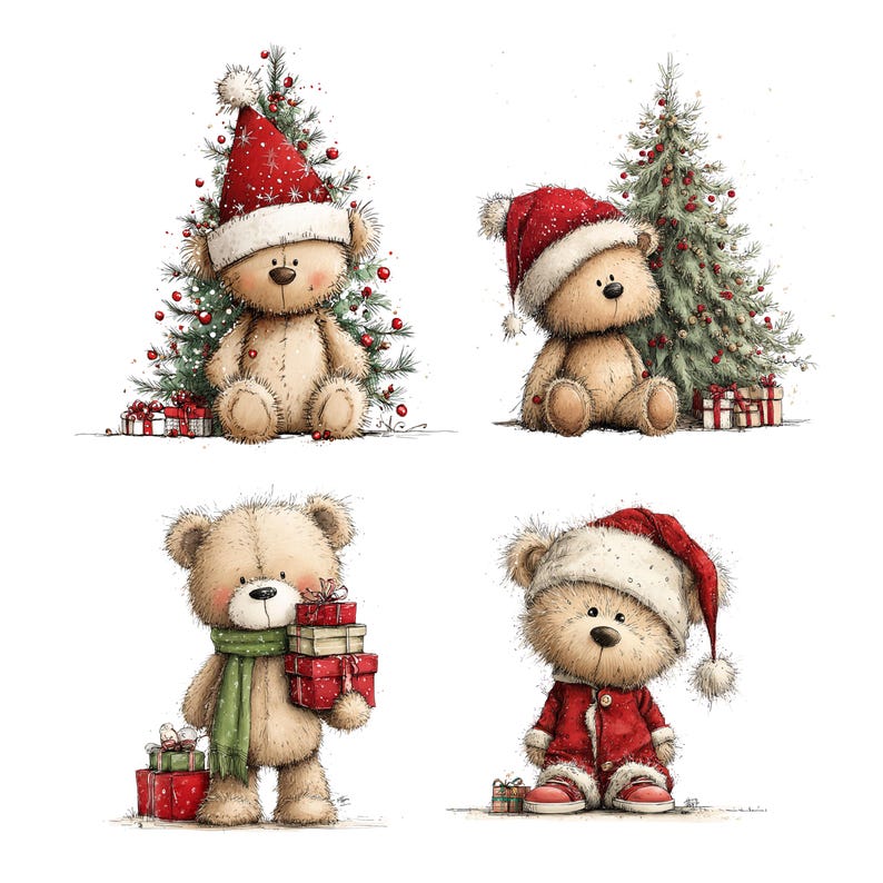 Christmas Bears Clipart: Festive Holiday Graphics (Digital Download - 30 PNGs)

Bring holiday cheer to your projects with this adorable 30 Christmas Bears Clipart collection! Each bear is illustrated in a whimsical festive style, featuring cozy pajamas, Santa hats, scarves, gift boxes, candy canes, ornaments, and more. Perfect for Christmas cards, invitations, gift tags, stickers, mugs, t-shirts, scrapbooking, and digital designs.