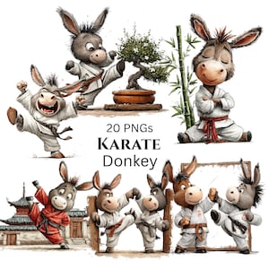 May include: A collection of cartoon donkey illustrations in karate uniforms. The donkeys are depicted in various karate poses, with a bonsai tree and bamboo stalks in the background. The text "20 PNGs KARATE Donkey" is also present.