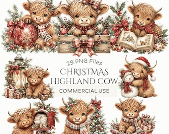 クリスマスハイランド牛クリップアート：水彩画風牛PNG画像、かわいい農場動物のクリスマス クリップアート、素朴なホリデー（デジタルダウンロード - PNG画像29枚）