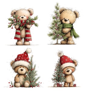 Christmas Bears Clipart: Festive Holiday Graphics (Digital Download - 30 PNGs)

Bring holiday cheer to your projects with this adorable 30 Christmas Bears Clipart collection! Each bear is illustrated in a whimsical festive style, featuring cozy pajamas, Santa hats, scarves, gift boxes, candy canes, ornaments, and more. Perfect for Christmas cards, invitations, gift tags, stickers, mugs, t-shirts, scrapbooking, and digital designs.