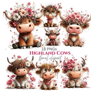 May include: A collection of digital illustrations featuring Highland cows adorned with floral arrangements. The cows have brown fur, large horns, and are decorated with flowers in shades of pink and white. The text "18 PNGS HIGHLAND COWS floral clipart" is also visible.