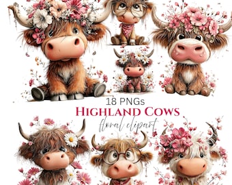Highland Cow Floral Clipart: Whimsical Spring Graphics (Digital Download - 18 PNGs)