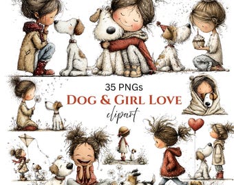 Whimsical Girl & Dog Love Clipart: Sweet Graphics (Digital Download - 35 PNGs)
