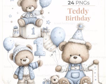 Watercolor Teddy Bear Clipart: Boy's 1st Birthday Illustration (Digital Download)