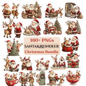 Pacchetto completo di immagini PNG di Babbo Natale e renne per Natale: clipart di Babbo Natale ad acquerello, renne natalizie, grafica per le festività (download digitale - 163 PNG)