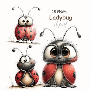May include: Digital clipart set featuring three cartoon ladybirds with large eyes and expressive faces. The ladybirds have red wings with black spots and are set against a white background. Text reads "18 PNGs Ladybug clipart."