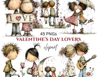 Valentine's Day Lovers Clipart: Whimsical Graphics (Digital Download - 45 PNGs)