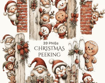 クリスマスの覗き見動物クリップアート：水彩画風クリスマスキャラクターPNG、サンタ、トナカイ、雪だるま、ジンジャーブレッド（デジタルダウンロード - 39 PNG）