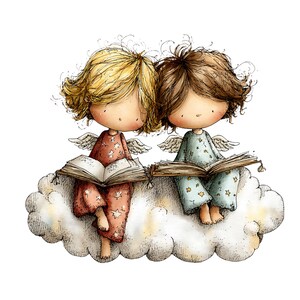 May include: Illustration of two cartoon angels with wings, sitting on a cloud and reading books. One angel wears a red outfit with star patterns, the other wears a blue outfit with star patterns. The image has a soft, whimsical style.