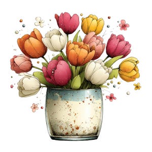 Puede incluir: Ilustraci&oacute;n en acuarela de un ramo de tulipanes en un jarr&oacute;n de cristal. Los tulipanes son en tonos rosa, naranja, amarillo y blanco, con hojas verdes. El jarr&oacute;n es azul claro y moteado.