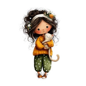 Whimsical Girl and Cat Love Clipart: Nursery Graphics (Digital Download - 24 PNGs)

A charming collection of clipart illustrations featuring a sweet, wide-eyed girl and her cute cat friend. Each illustration is designed with gentle lines, soft shading, and a dreamy, enchanted feel—perfect for children’s décor, invitations, stickers, scrapbooking, and nursery art.