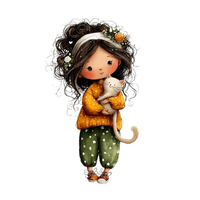Whimsical Girl and Cat Love Clipart: Nursery Graphics (Digital Download - 24 PNGs)

A charming collection of clipart illustrations featuring a sweet, wide-eyed girl and her cute cat friend. Each illustration is designed with gentle lines, soft shading, and a dreamy, enchanted feel—perfect for children’s décor, invitations, stickers, scrapbooking, and nursery art.