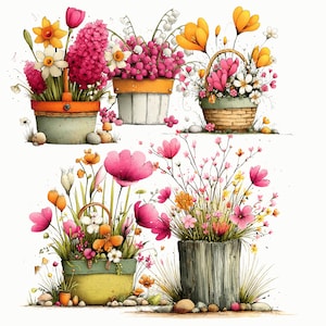 Puede incluir: Ilustración en acuarela de varios arreglos florales en macetas y cestas. Las flores son en tonos de rosa, amarillo y naranja, con follaje verde. Los recipientes son de varios estilos, incluyendo un cubo de madera rústico y cestas tejidas.
