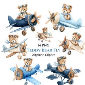 Puede incluir: Ilustraciones en acuarela de osos de peluche en aviones antiguos. Los osos llevan gafas de aviador y bufandas, y los aviones son en tonos de azul, beige y marrón. El texto dice "14 PNG TEDDY BEAR FLY Airplane Clipart."