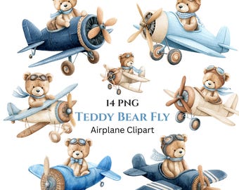Watercolor Teddy Bear Airplane Clipart: Blue Nursery Art (Digital Download - 14 PNGs)