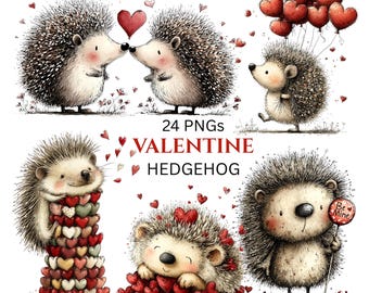 Valentine's Day Hedgehog Clipart: Whimsical Graphics (Digital Download - 24 PNGs)