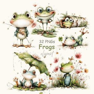 Puede incluir: Clipart de acuarela con varias ilustraciones caprichosas de ranas. Las ranas se representan en varias poses, rodeadas de flores y follaje. También se incluye el texto "32 PNGs Frogs clipart".
