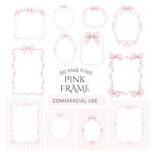 May include: An assortment of pink frames in diverse designs, embellished with bows and ribbons. The image showcases oval, rectangular, and scalloped frames, with the text "50 PNG Files PINK FRAME COMMERCIAL USE".