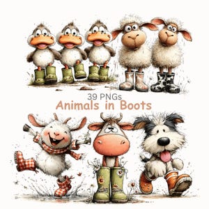 Könnte beinhalten: Eine skurrile Illustration mit verschiedenen Hoftieren, darunter Enten, Schafe, eine Ziege, eine Kuh und ein Hund, die alle bunte Gummistiefel tragen. Der Text "39 PNGs Animals in Boots" ist enthalten.