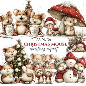 Op de afbeelding: Een verzameling kerstmuis-clipart. De illustraties tonen muizen in feestelijke kleding, die mokken vasthouden en interageren met kerstbomen en paddenstoelen. De tekst "28 PNGs CHRISTMAS MOUSE christmas clipart" is ook opgenomen.