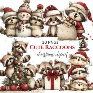 Puede incluir: Ilustraciones en acuarela de adorables mapaches con atuendos navideños. Los mapaches llevan gorros de Papá Noel, sostienen regalos y decoran un árbol de Navidad. El texto dice "30 PNGs CUTE RACCOONS christmas clipart."