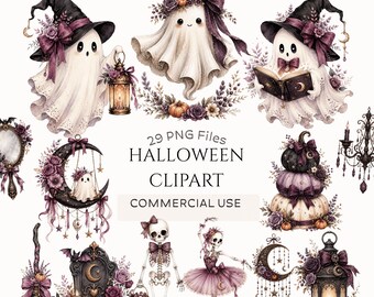 Whimsical Halloween Clipart Bundle: Dark Purple Decor, Witchy Gothic Pumpkin, Skeletons, Commercial Use (Digital Download - 29 PNGs)
