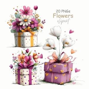 Könnte beinhalten: Aquarell-Blumen-Clipart mit Blumensträußen aus rosa, lila und weißen Blumen in dekorativen Geschenkboxen. Die Boxen haben Tupfen, Streifen und Herzmuster. Der Text "20 PNGs Flowers clipart" ist ebenfalls sichtbar.